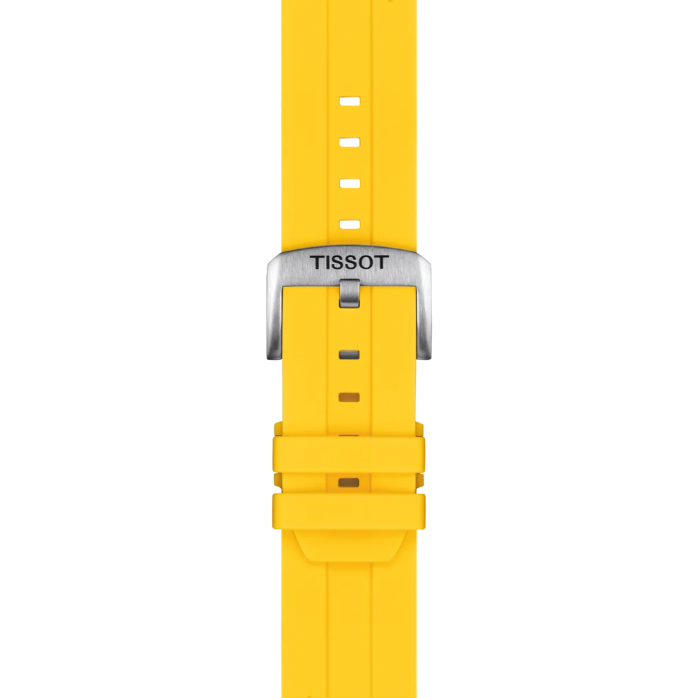 The Tissot Official Silicone Yellow Strap features a bright yellow design with a silver buckle engraved with "Tissot." This 22 mm strap includes multiple adjustment holes and two loops to secure excess length, all set against a plain white background.