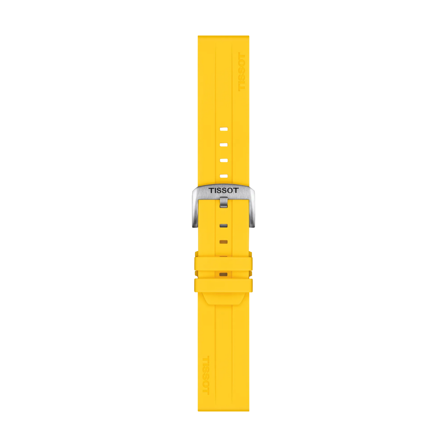 The Tissot Official Silicone Yellow Strap Lugs 22 mm is displayed laid flat on a white background, showcasing its vibrant yellow color and silver buckle. The Tissot branding is clearly visible on both the strap and the buckle.