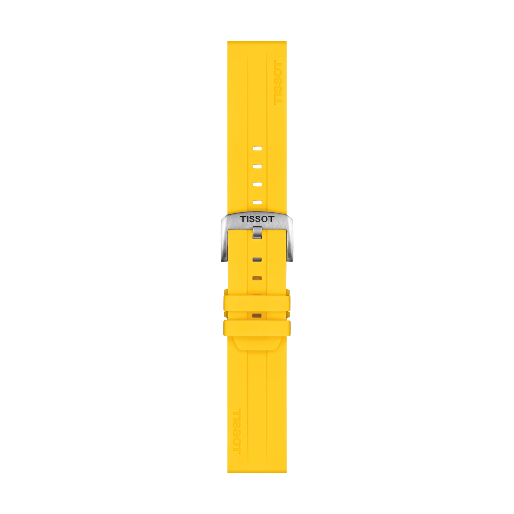 The Tissot Official Silicone Yellow Strap Lugs 22 mm is displayed laid flat on a white background, showcasing its vibrant yellow color and silver buckle. The Tissot branding is clearly visible on both the strap and the buckle.