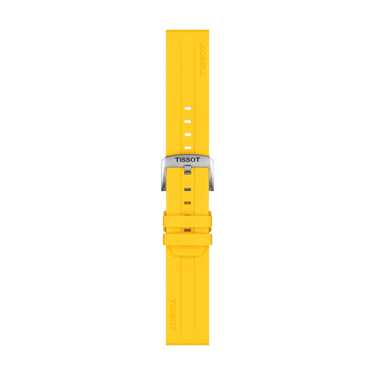 The Tissot Official Silicone Yellow Strap Lugs 22 mm is displayed laid flat on a white background, showcasing its vibrant yellow color and silver buckle. The Tissot branding is clearly visible on both the strap and the buckle.