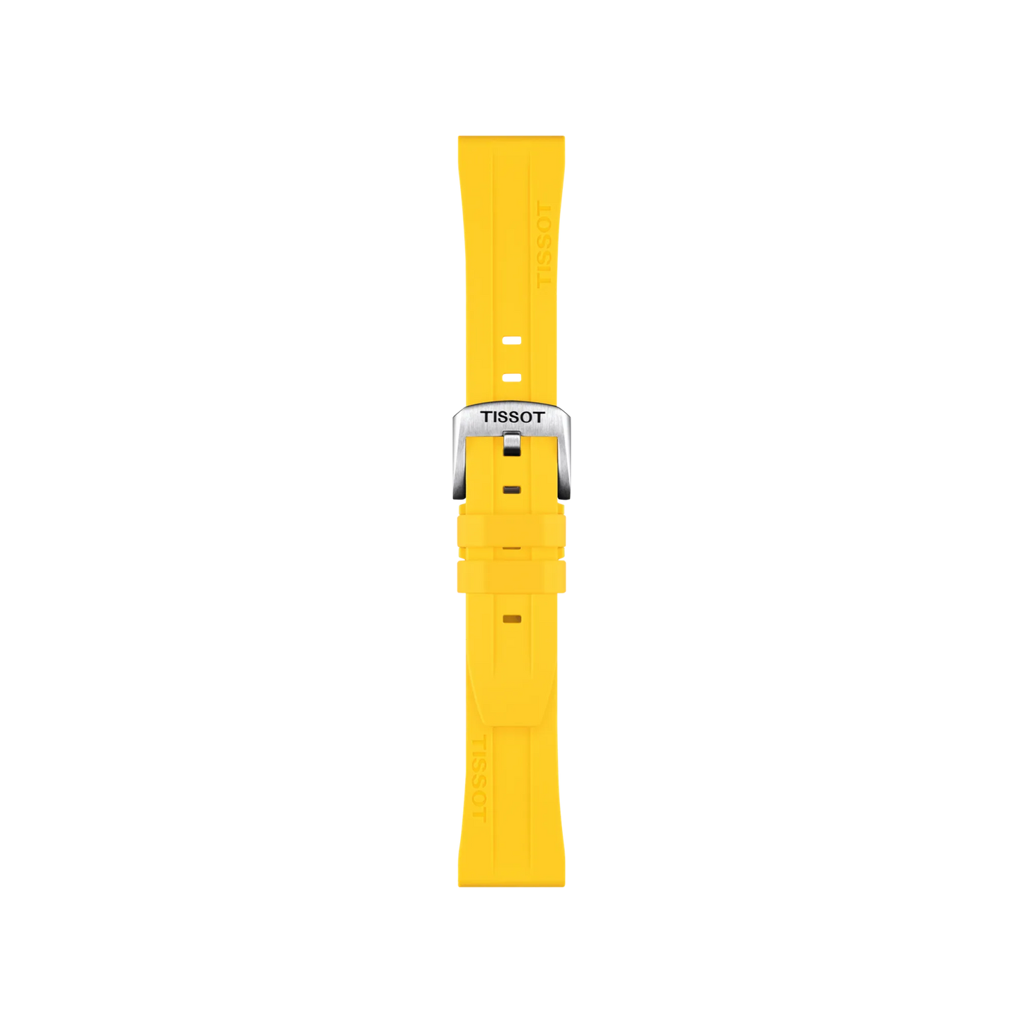 The Tissot Official Yellow Silicone Strap Lugs 20 mm is shown vertically on a white background, featuring a bright yellow design with a silver buckle. The Tissot logo appears on both the strap and the buckle.