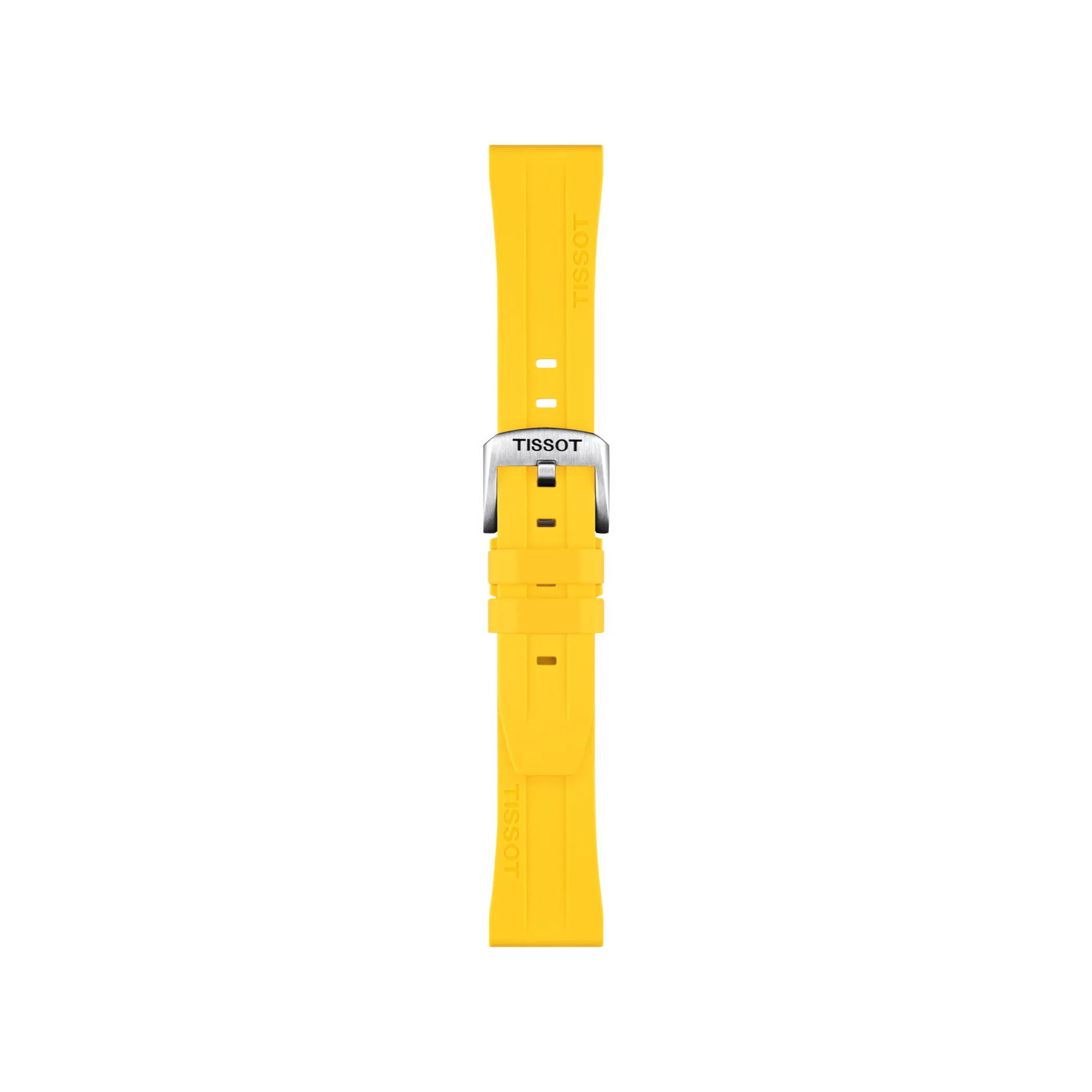 The Tissot Official Yellow Silicone Strap Lugs 20 mm is shown vertically on a white background, featuring a bright yellow design with a silver buckle. The Tissot logo appears on both the strap and the buckle.