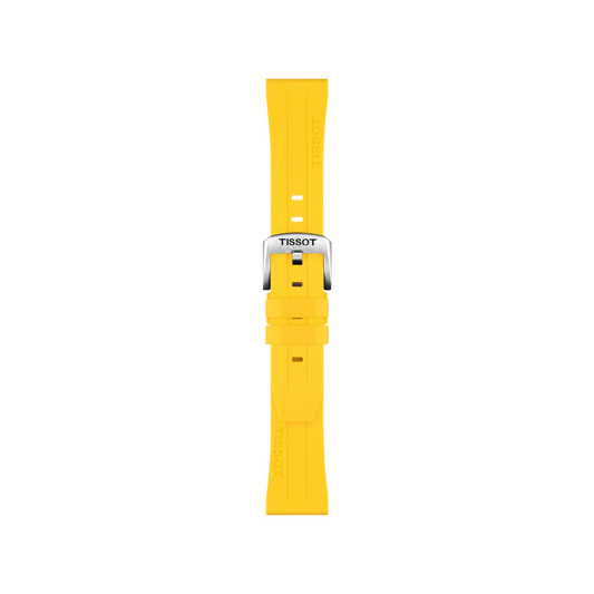 The Tissot Official Yellow Silicone Strap Lugs 20 mm is shown vertically on a white background, featuring a bright yellow design with a silver buckle. The Tissot logo appears on both the strap and the buckle.