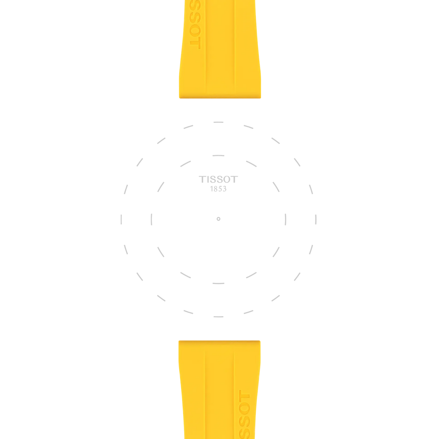 The Tissot Official Yellow Silicone Strap Lugs 20 mm by Tissot is displayed vertically against a white background, featuring a subtle circular outline and the Tissot 1853 logo at the center, evoking the arrangement of a watch face.