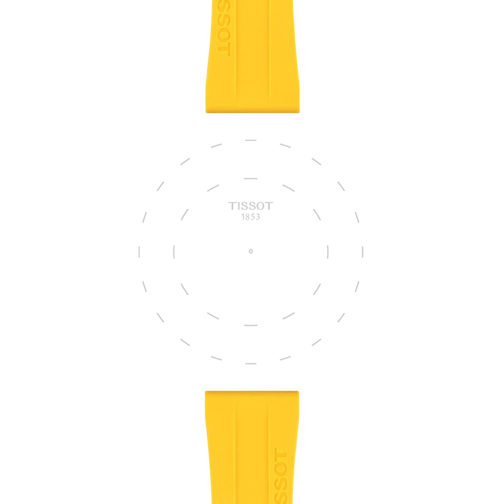 The Tissot Official Yellow Silicone Strap Lugs 20 mm by Tissot is displayed vertically against a white background, featuring a subtle circular outline and the Tissot 1853 logo at the center, evoking the arrangement of a watch face.