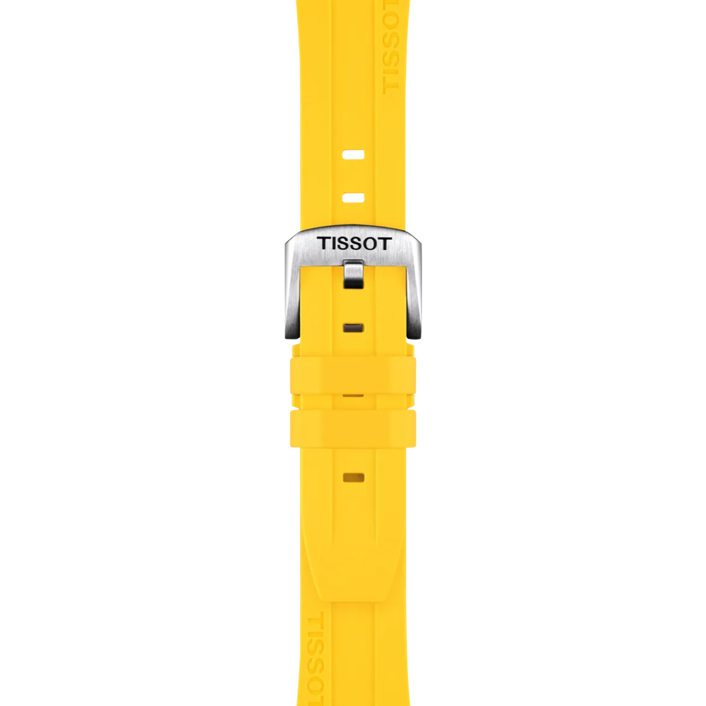 A Tissot Official Yellow Silicone Strap with 20 mm lugs is displayed vertically against a plain white background, featuring a silver buckle engraved with the brand name "TISSOT.