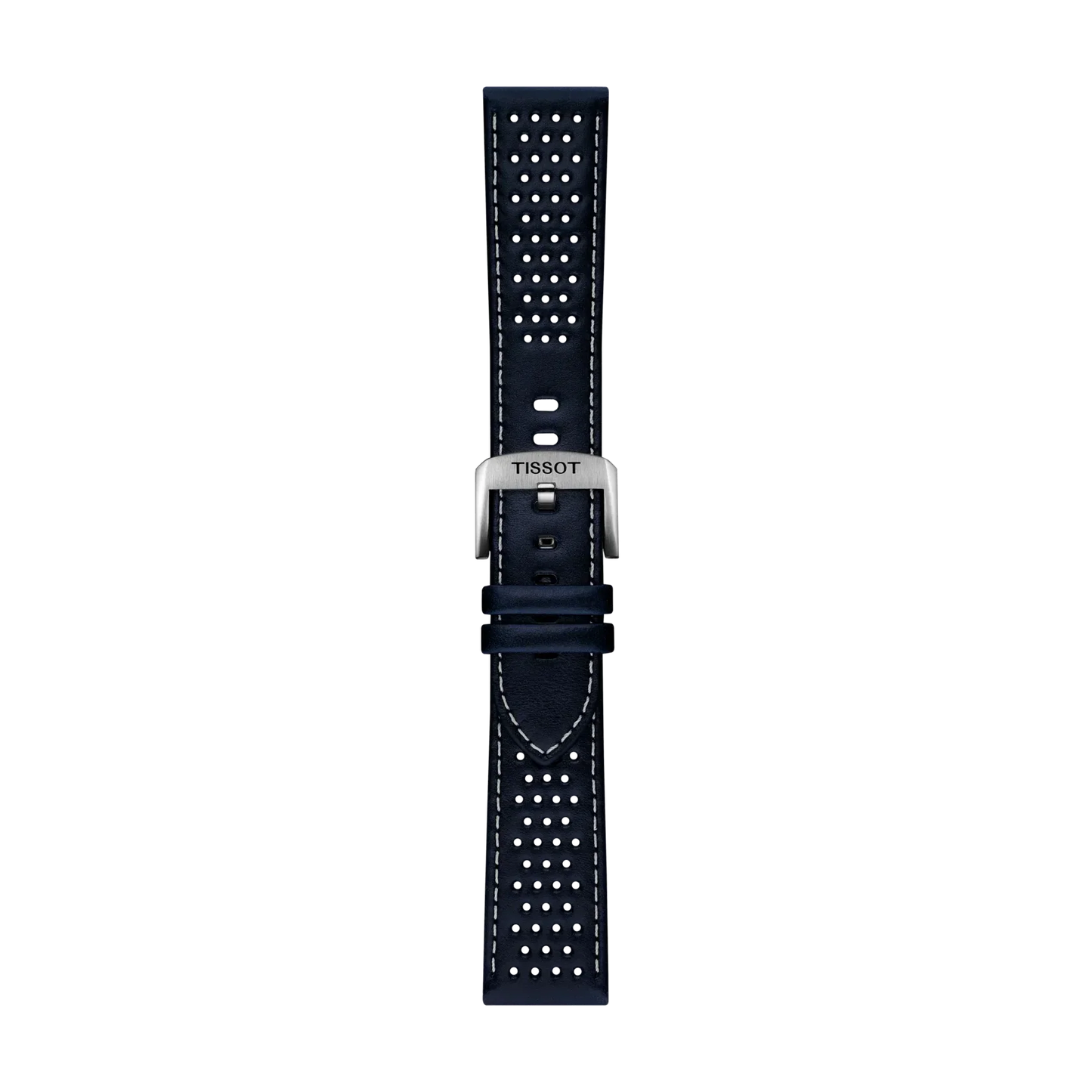 The Tissot Official Blue Leather Strap Lugs 22mm features navy blue leather with white stitching and small perforations, complemented by a silver buckle engraved with "TISSOT," presented on a plain light gray background.