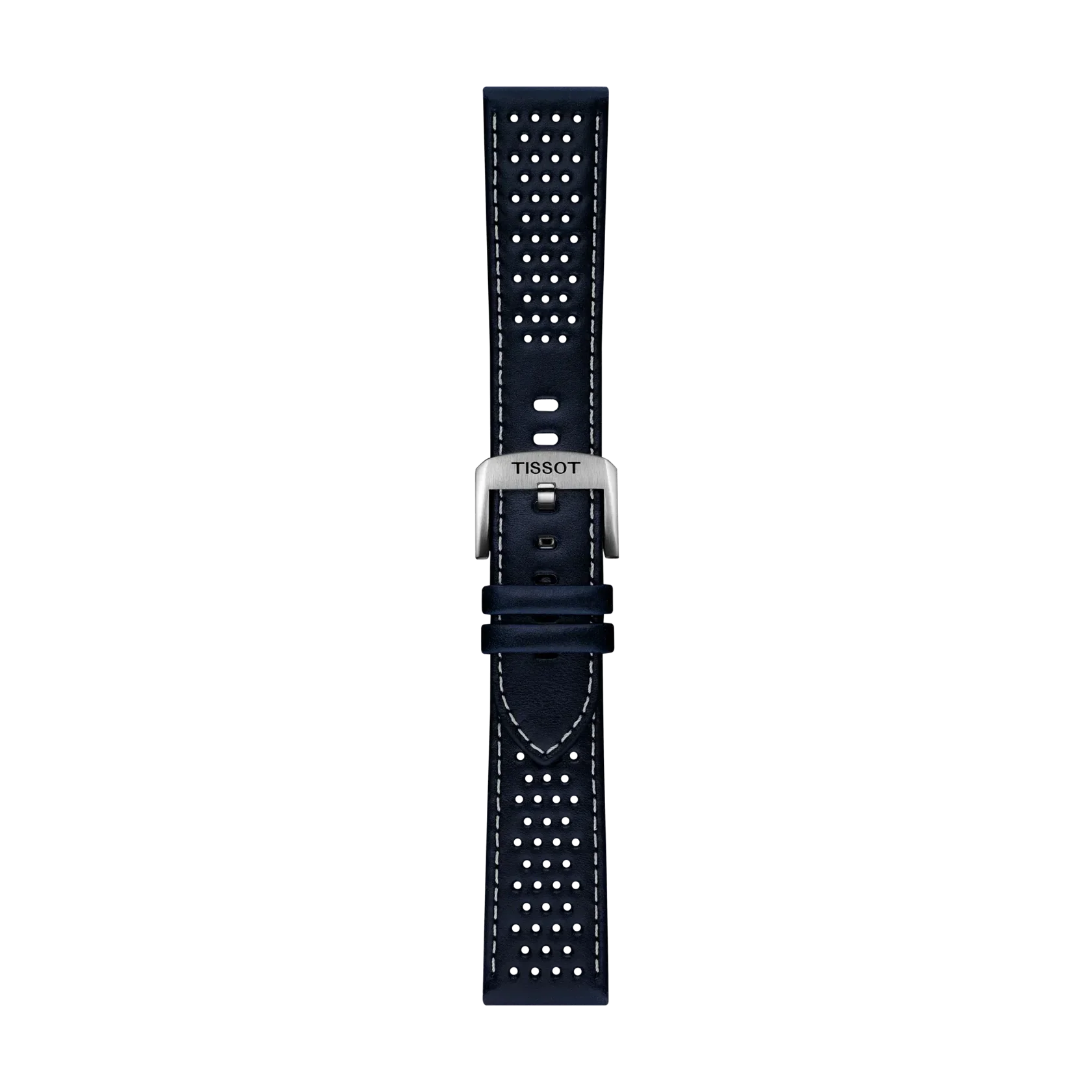 The Tissot Official Blue Leather Strap Lugs 22mm features navy blue leather with white stitching and small perforations, complemented by a silver buckle engraved with "TISSOT," presented on a plain light gray background.