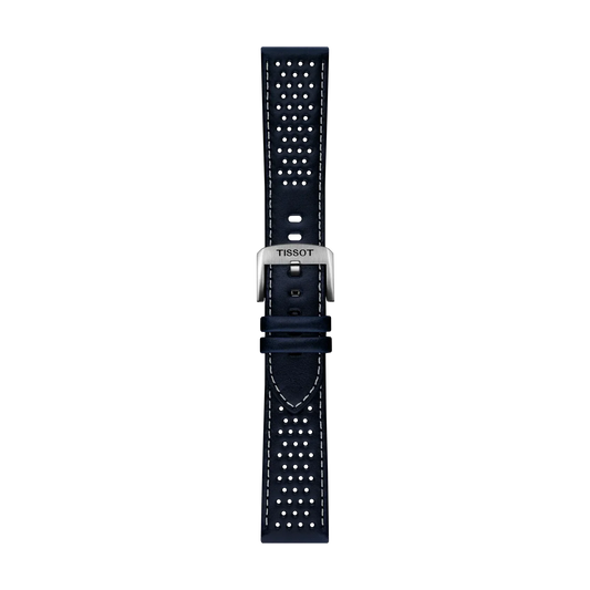 The Tissot Official Blue Leather Strap Lugs 22mm features navy blue leather with white stitching and small perforations, complemented by a silver buckle engraved with "TISSOT," presented on a plain light gray background.
