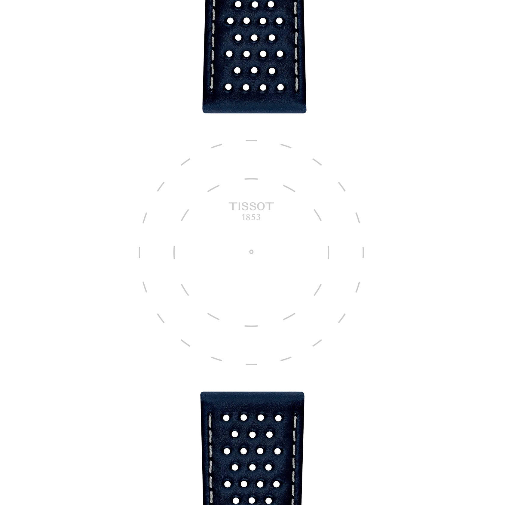 Two perforated dark blue Tissot Official Blue Leather watch straps (22mm lugs) are positioned at the top and bottom of a white background. "TISSOT 1853" appears in the center, surrounded by faint dashed lines forming circles, but no watch face is visible.