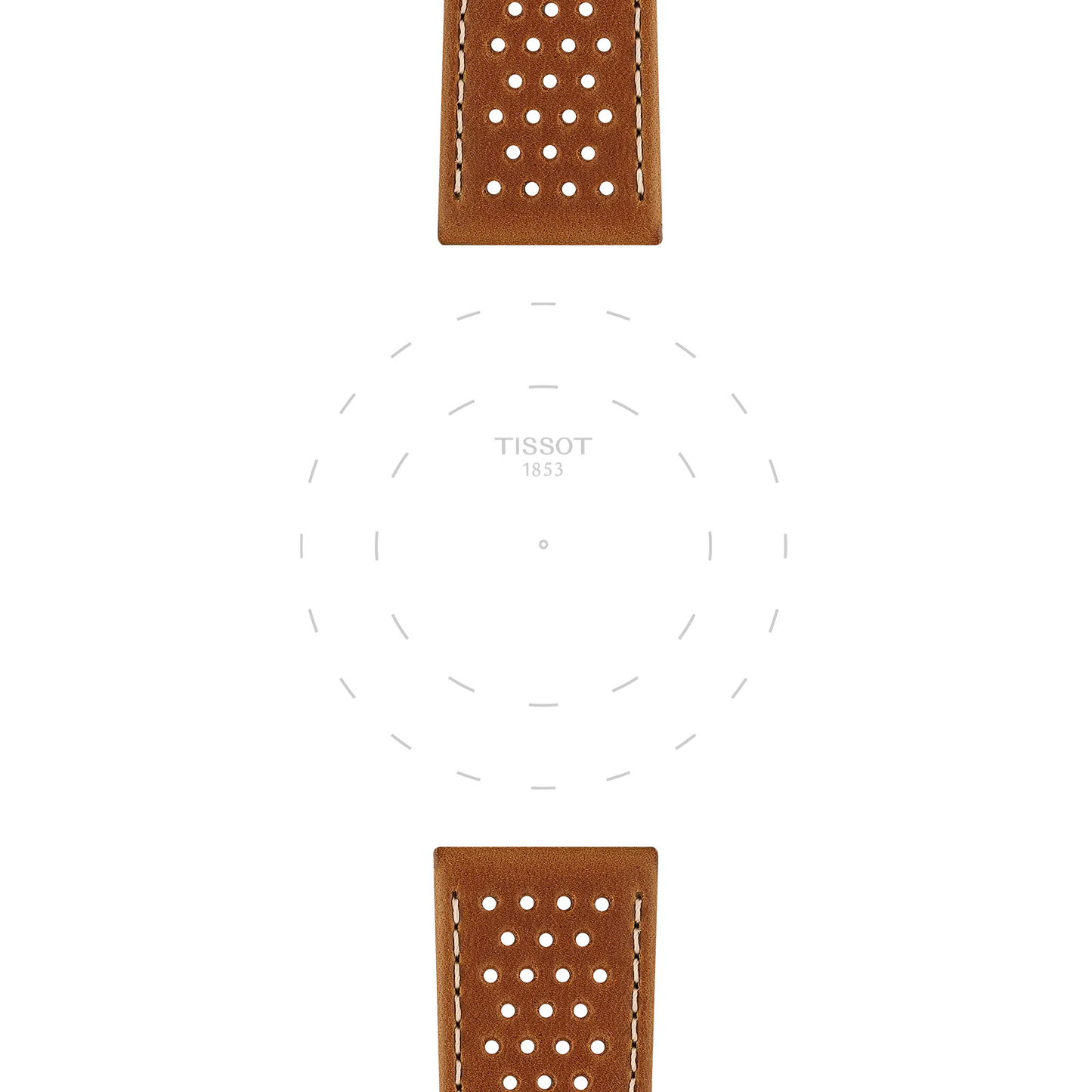 Light brown perforated leather watch straps (Tissot Official Light Brown Leather Strap Lugs 22mm) are displayed at the top and bottom, featuring a subtle Tissot 1853 logo and a dotted outline of a watch face in the center, all set against a white background.
