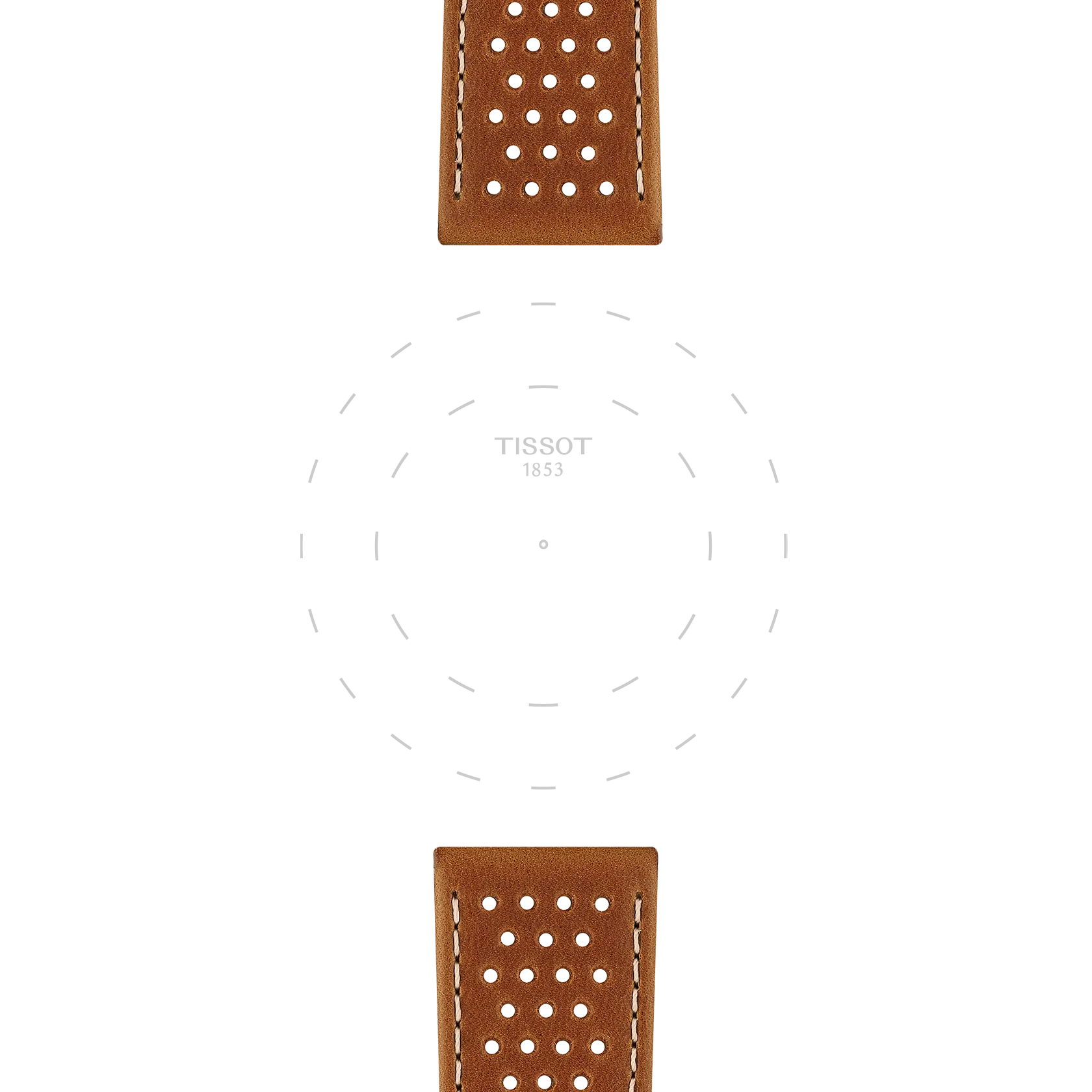 Light brown perforated leather watch straps (Tissot Official Light Brown Leather Strap Lugs 22mm) are displayed at the top and bottom, featuring a subtle Tissot 1853 logo and a dotted outline of a watch face in the center, all set against a white background.