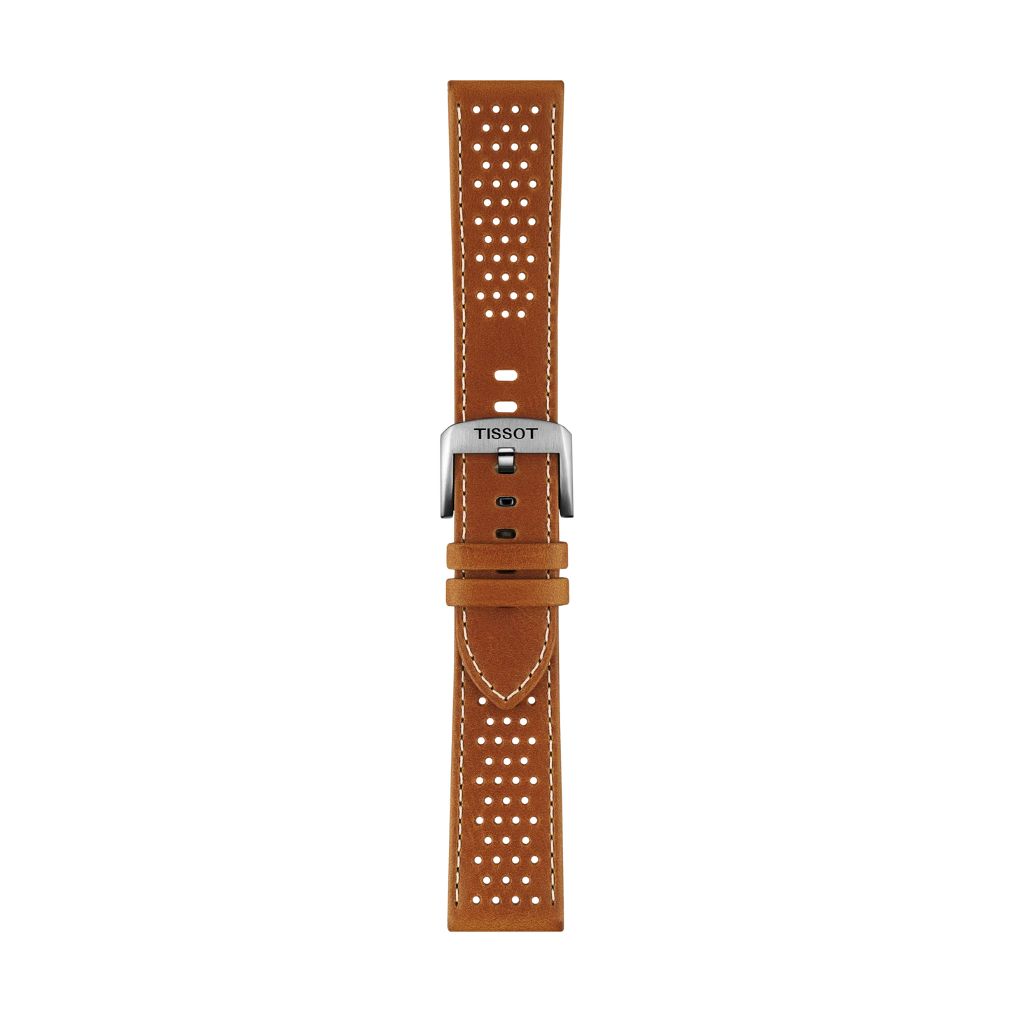 The Tissot Official Light Brown Leather Strap Lugs 22mm features a light brown leather construction with white stitching and small perforations. It is completed with a silver buckle engraved with "TISSOT" and is displayed against a plain white background.
