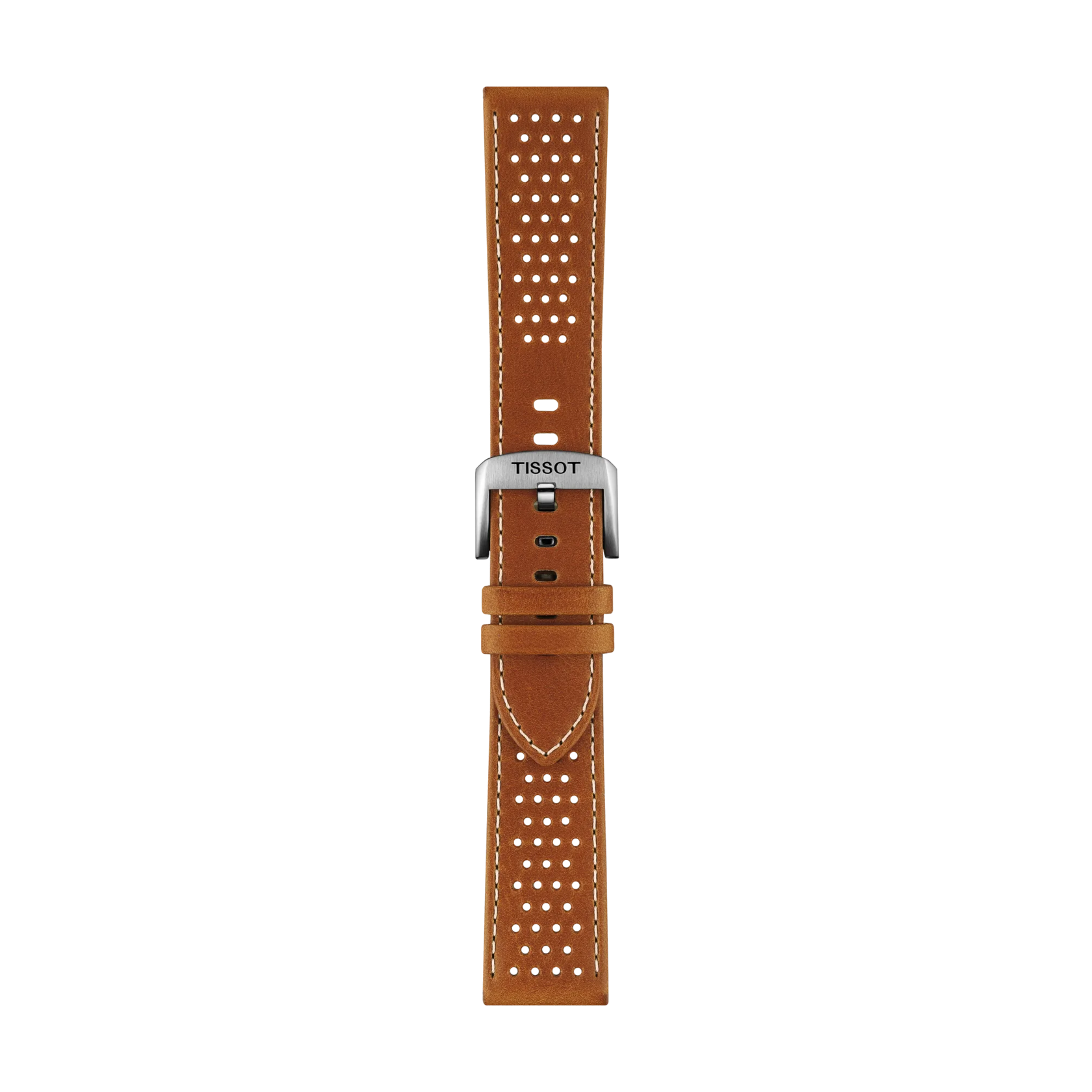 The Tissot Official Light Brown Leather Strap Lugs 22mm features a light brown leather construction with white stitching and small perforations. It is completed with a silver buckle engraved with "TISSOT" and is displayed against a plain white background.