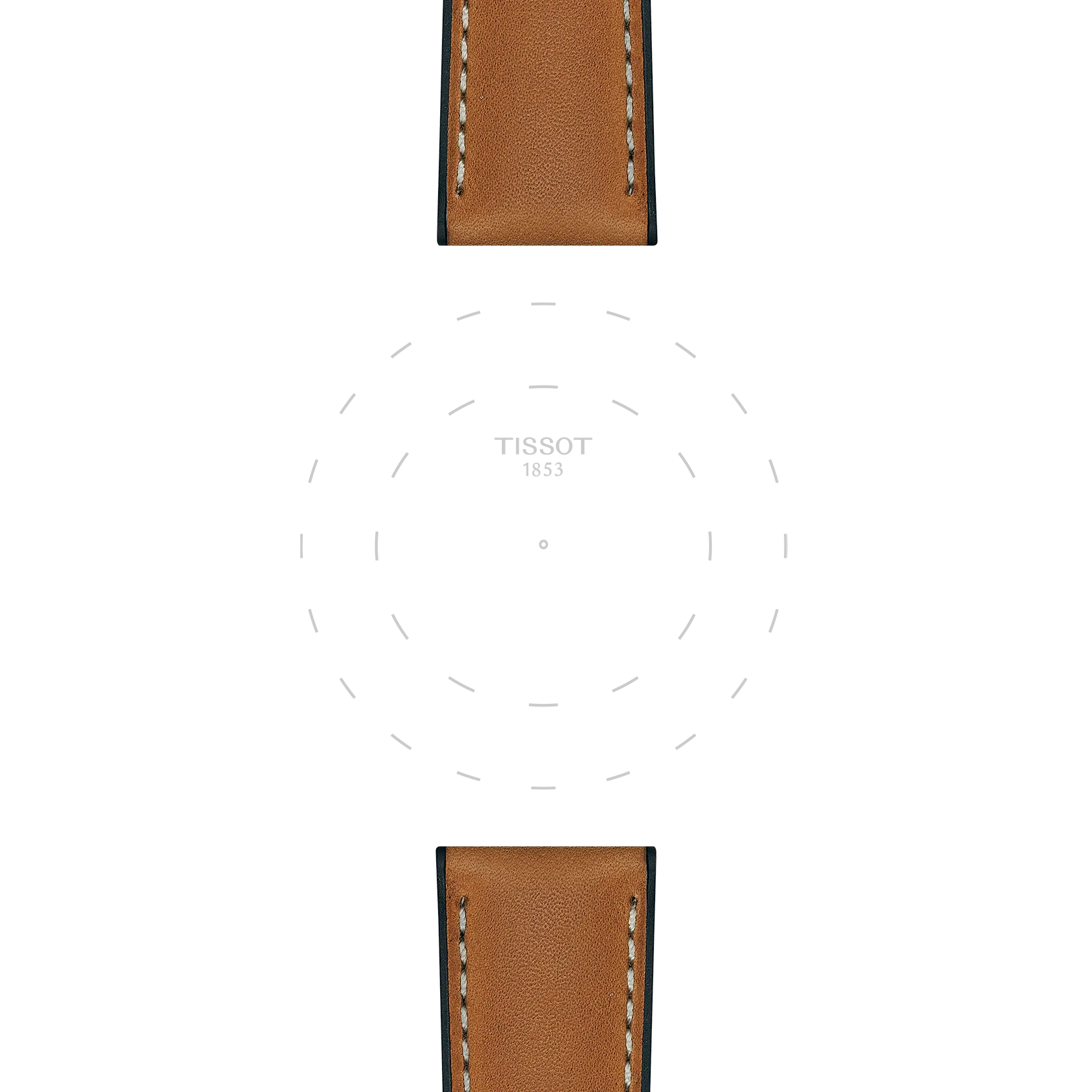 Light brown leather watch straps from Tissot, designed for 21 mm lugs, with white stitching are shown at the top and bottom of the image. "TISSOT 1853" and dotted circles can be faintly seen in the center on a white background.