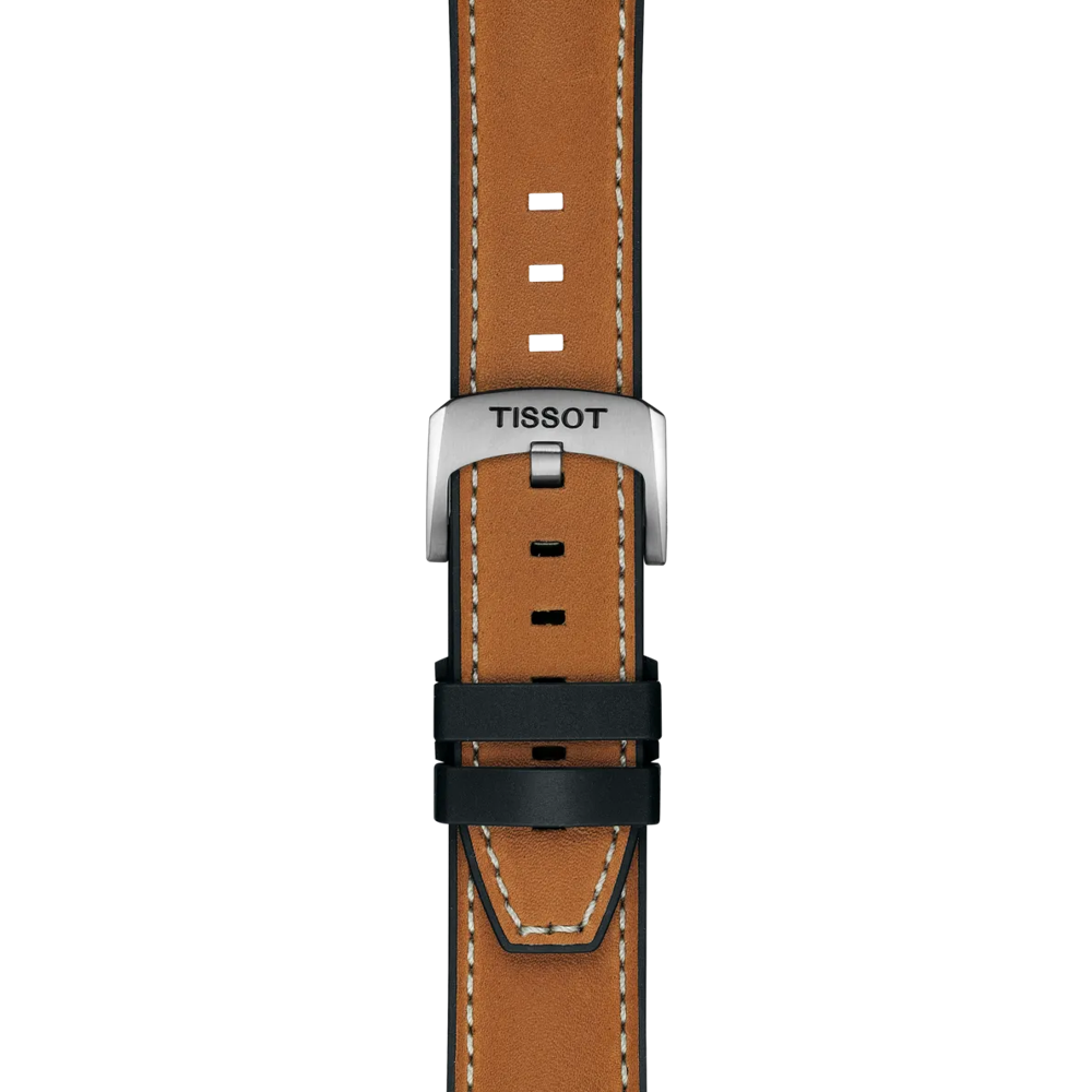 The Tissot Official Light Brown Leather Strap Lugs 21 mm features a light brown leather design with white stitching, a silver buckle engraved with "TISSOT," and two black loops for securing the strap.