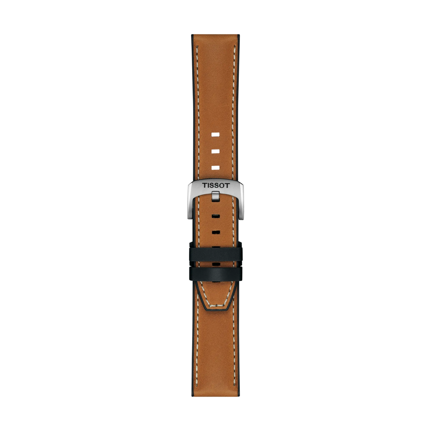 The Tissot Official Light Brown Leather Strap features white stitching, a silver buckle engraved with the Tissot brand name, and multiple adjustment holes. The strap is shown vertically against a plain white background.