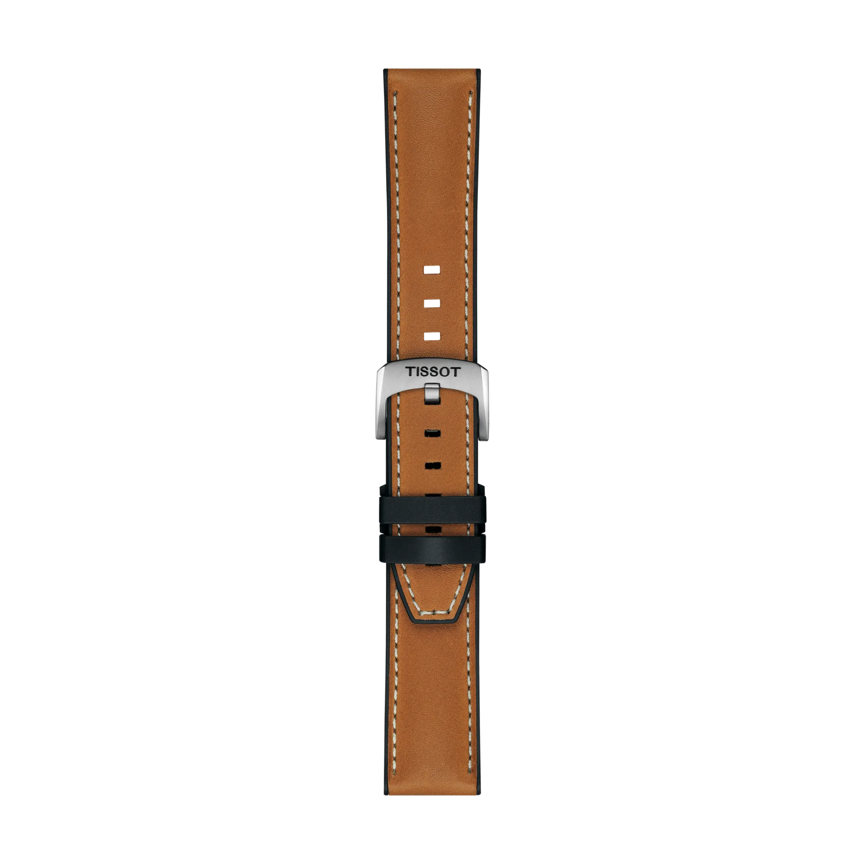 The Tissot Official Light Brown Leather Strap features white stitching, a silver buckle engraved with the Tissot brand name, and multiple adjustment holes. The strap is shown vertically against a plain white background.