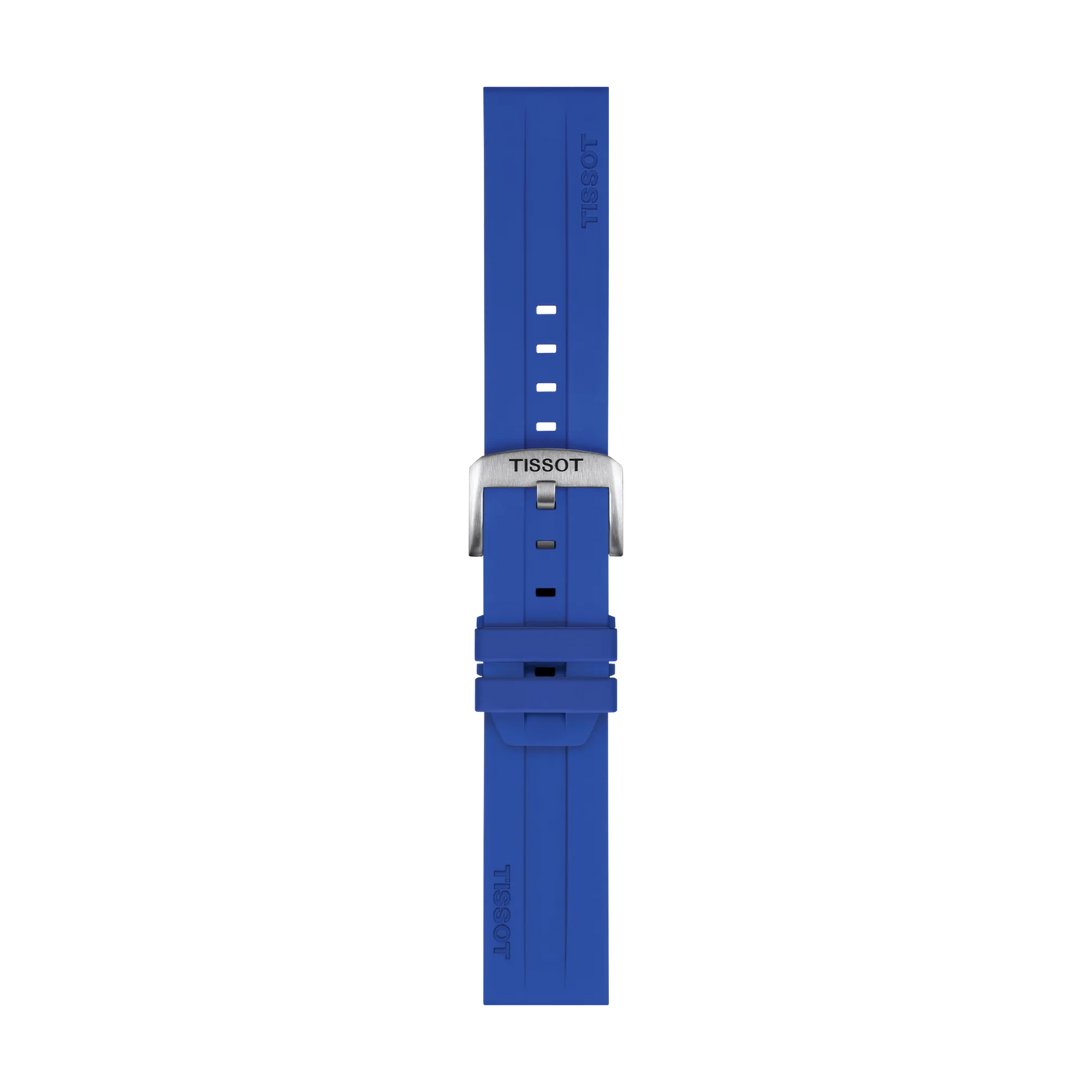 Tissot Official Blue Silicone Strap Lugs 22 mm featuring a silver buckle, displayed vertically on a white background. The strap includes multiple adjustment holes and "TISSOT" branding on both the buckle and the silicone strap.