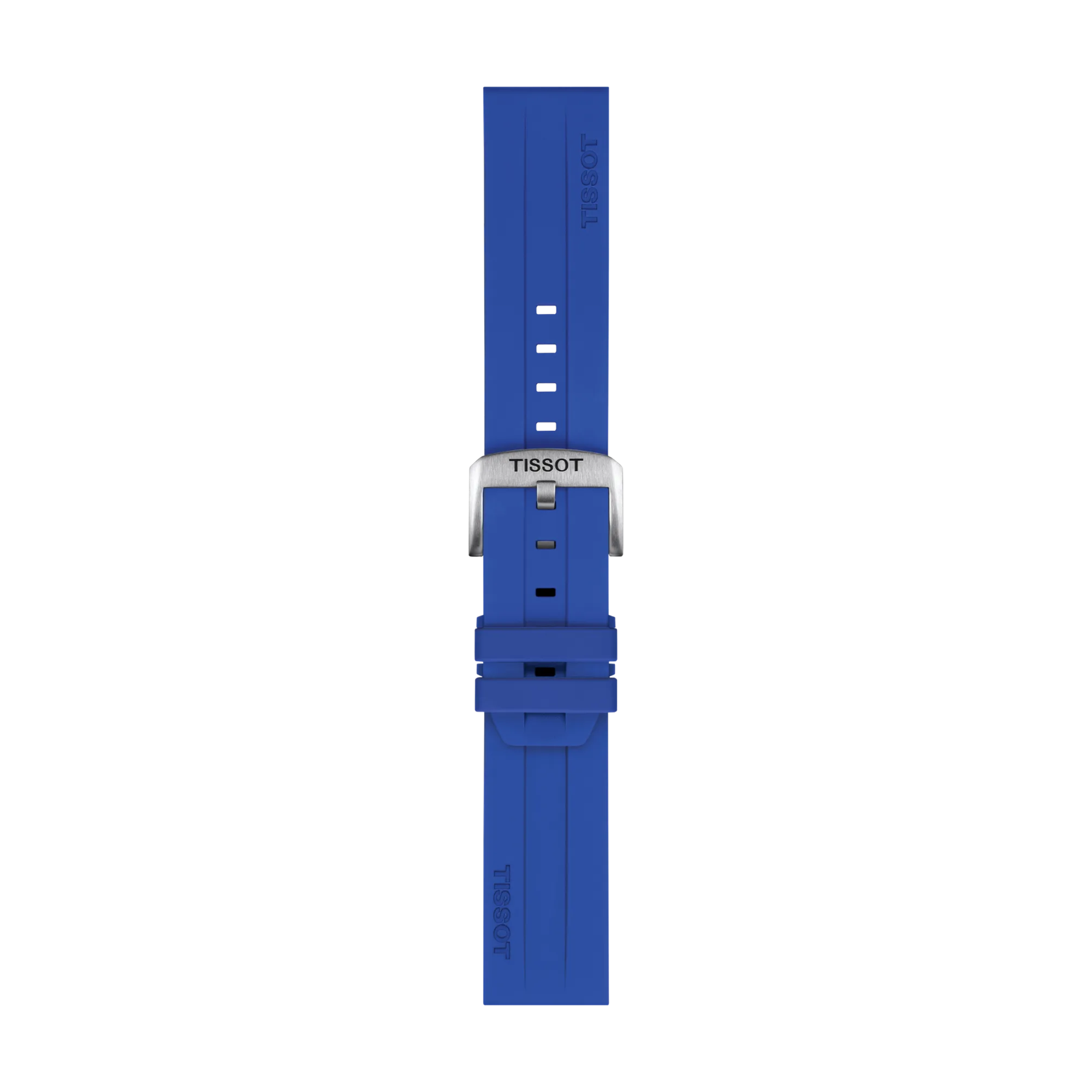 Tissot Official Blue Silicone Strap Lugs 22 mm featuring a silver buckle, displayed vertically on a white background. The strap includes multiple adjustment holes and "TISSOT" branding on both the buckle and the silicone strap.