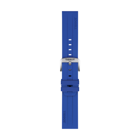 Tissot Official Blue Silicone Strap Lugs 22 mm featuring a silver buckle, displayed vertically on a white background. The strap includes multiple adjustment holes and "TISSOT" branding on both the buckle and the silicone strap.