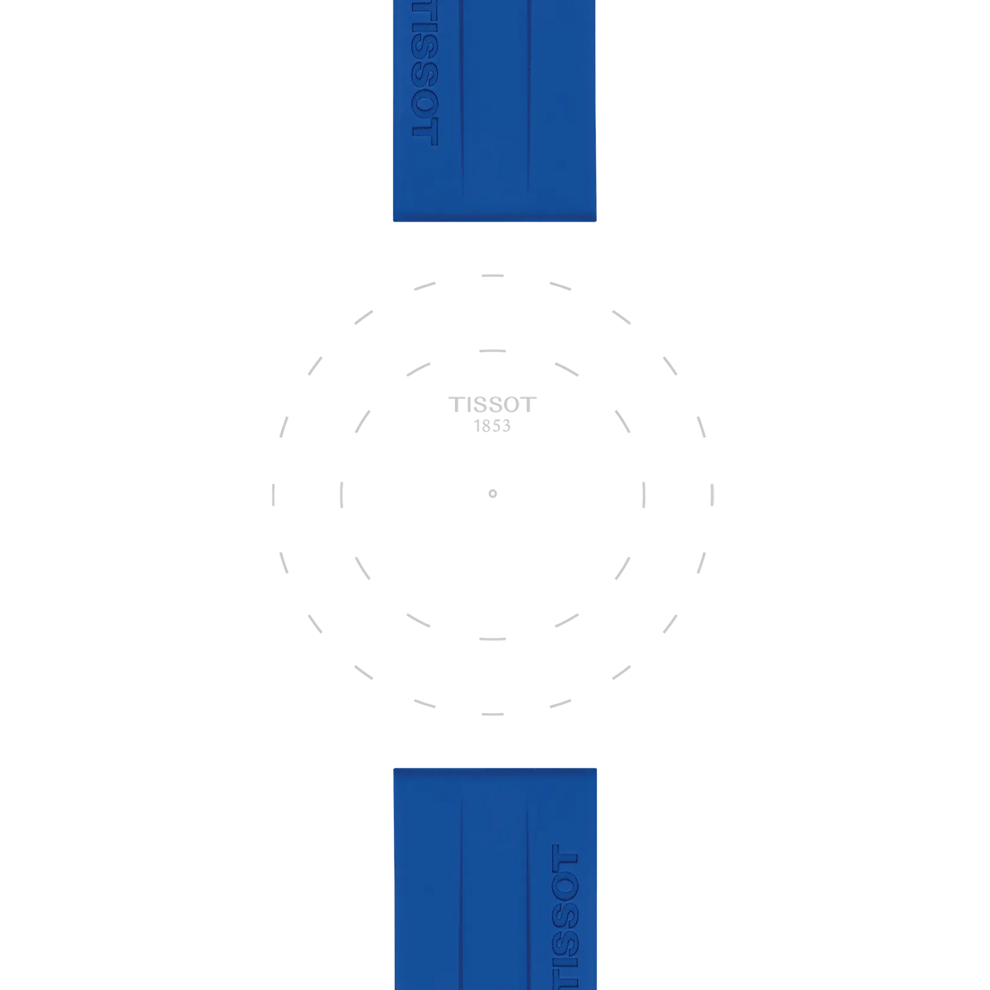 Blue rectangular shapes featuring the Tissot brand frame the top and bottom of the image. In the center, “TISSOT 1853” appears within a dashed oval on a white background, highlighting the Tissot Official Blue Silicone Strap Lugs 22 mm.