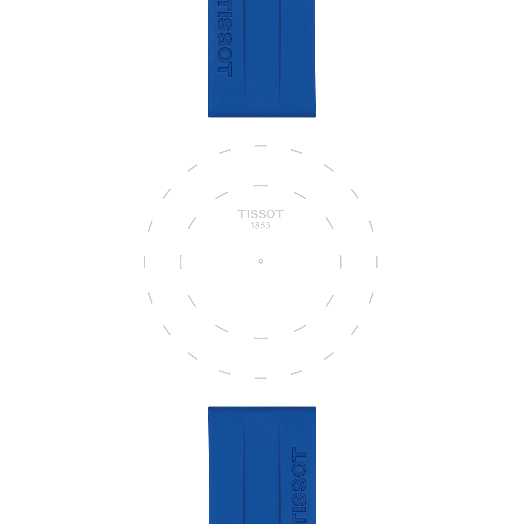 Blue rectangular shapes featuring the Tissot brand frame the top and bottom of the image. In the center, “TISSOT 1853” appears within a dashed oval on a white background, highlighting the Tissot Official Blue Silicone Strap Lugs 22 mm.