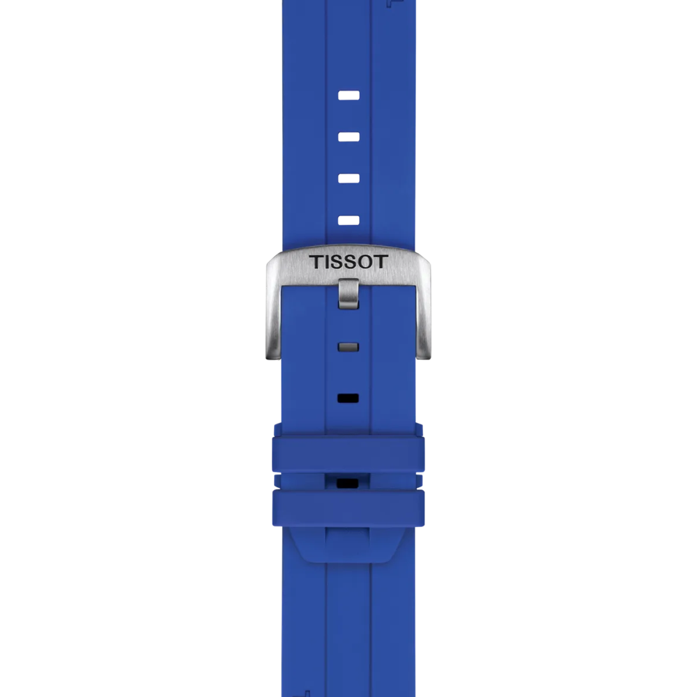 The Tissot Official Blue Silicone Strap Lugs 22 mm features a silver buckle and multiple adjustment holes. Crafted from smooth blue silicone, this Tissot strap is displayed vertically against a plain white background.