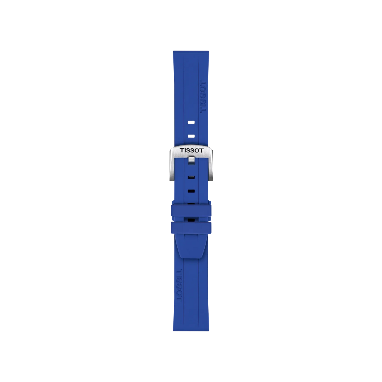 Tissot Official Blue Silicone Strap with 18 mm lugs, featuring Tissot branding, a silver buckle, and multiple adjustment holes, shown from above on a white background.