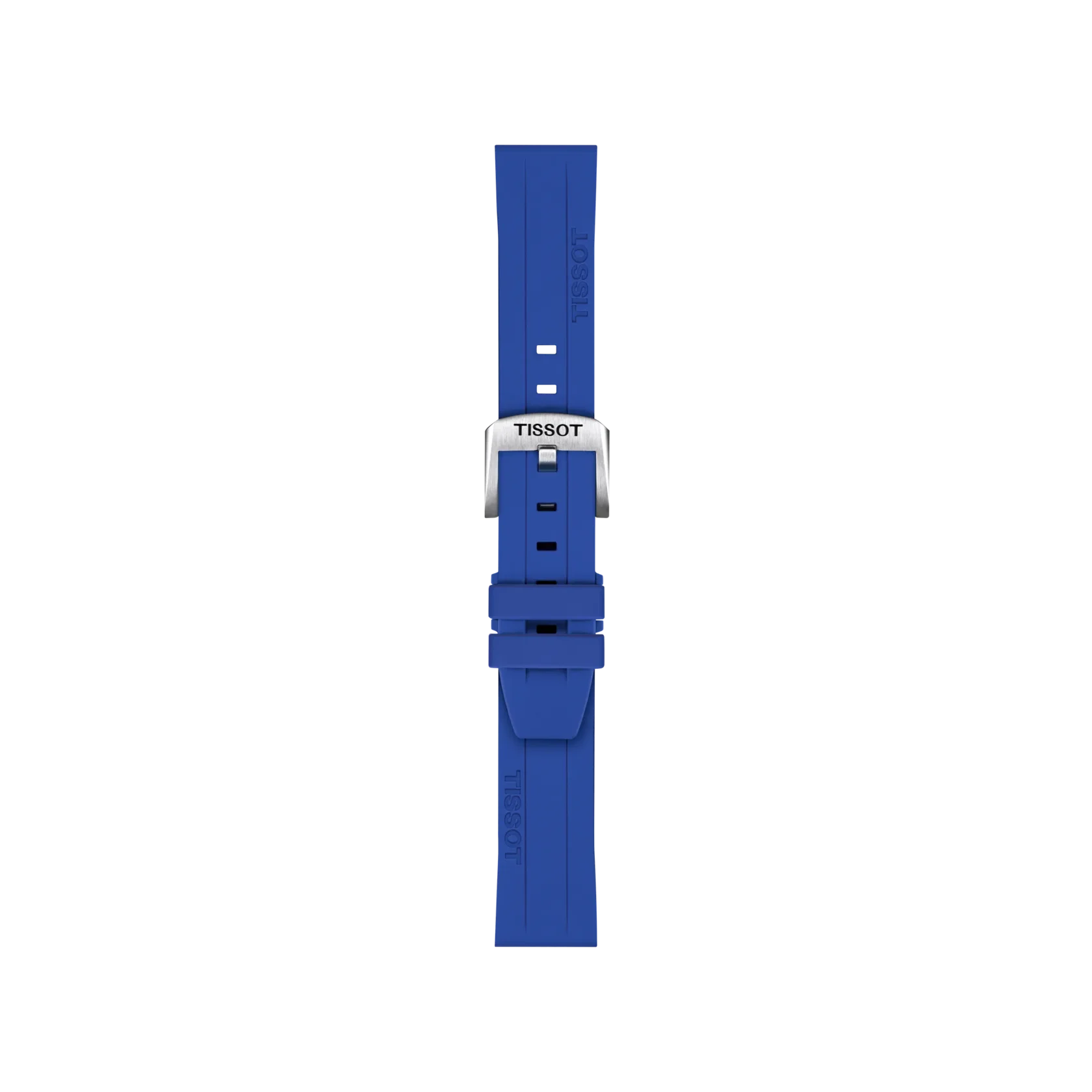Tissot Official Blue Silicone Strap with 18 mm lugs, featuring Tissot branding, a silver buckle, and multiple adjustment holes, shown from above on a white background.