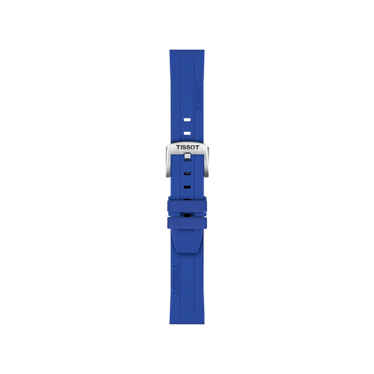 Tissot Official Blue Silicone Strap with 18 mm lugs, featuring Tissot branding, a silver buckle, and multiple adjustment holes, shown from above on a white background.