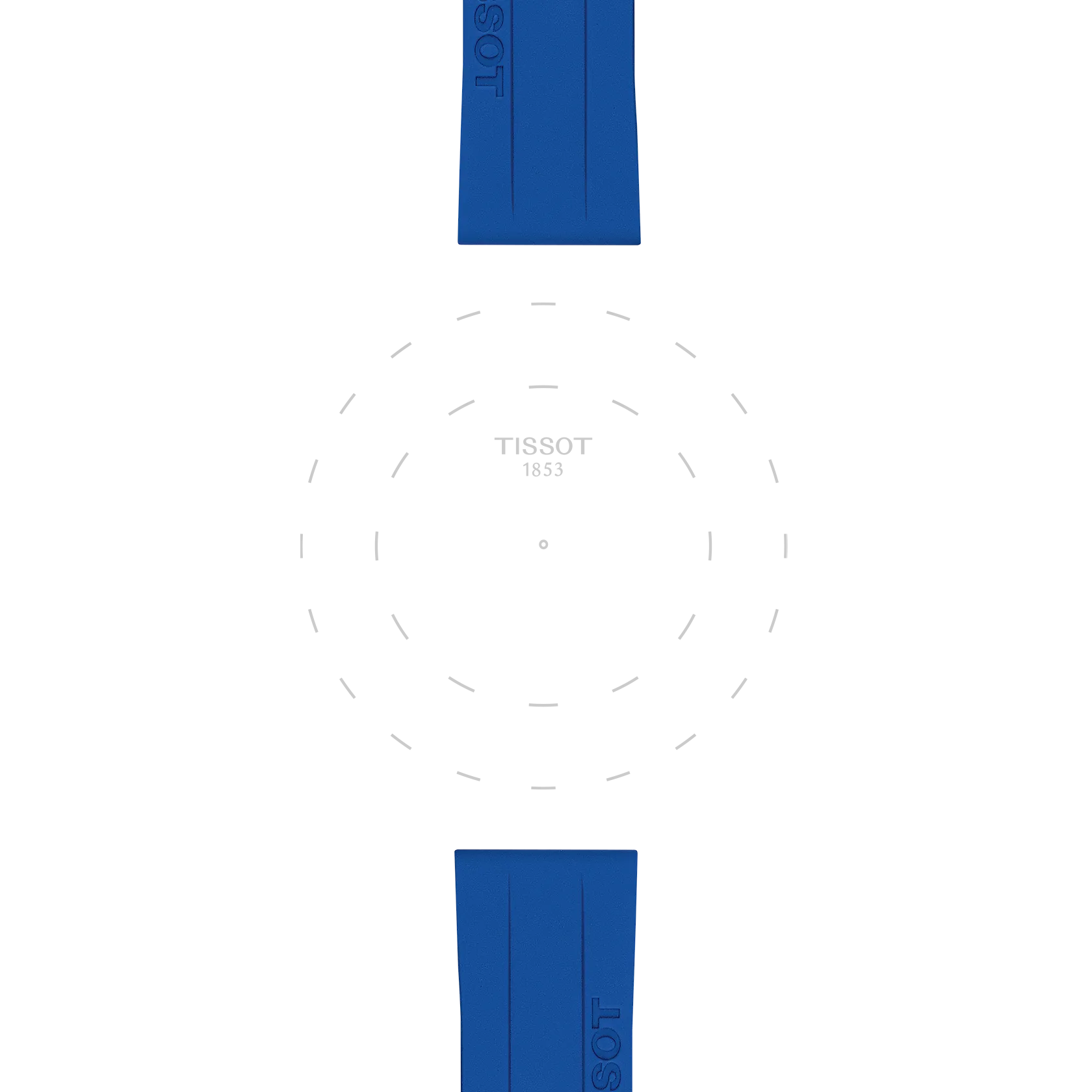 Blue Tissot Official Blue Silicone Strap Lugs 18 mm frame the top and bottom of a white background featuring the Tissot logo and “1853” at the center, surrounded by dashed gray concentric circles.