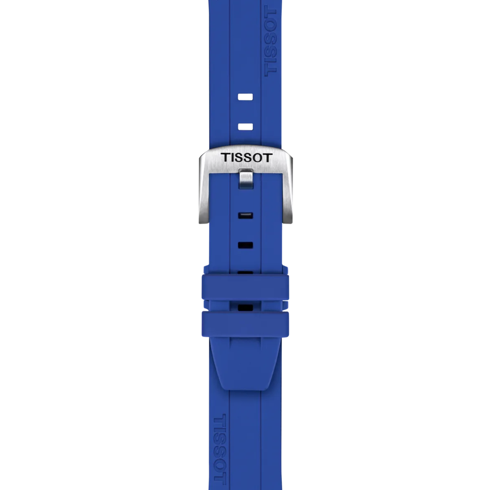 The Tissot Official Blue Silicone Strap Lugs 18 mm features a blue silicone design with a silver buckle engraved with the Tissot logo, showcased against a plain white background.