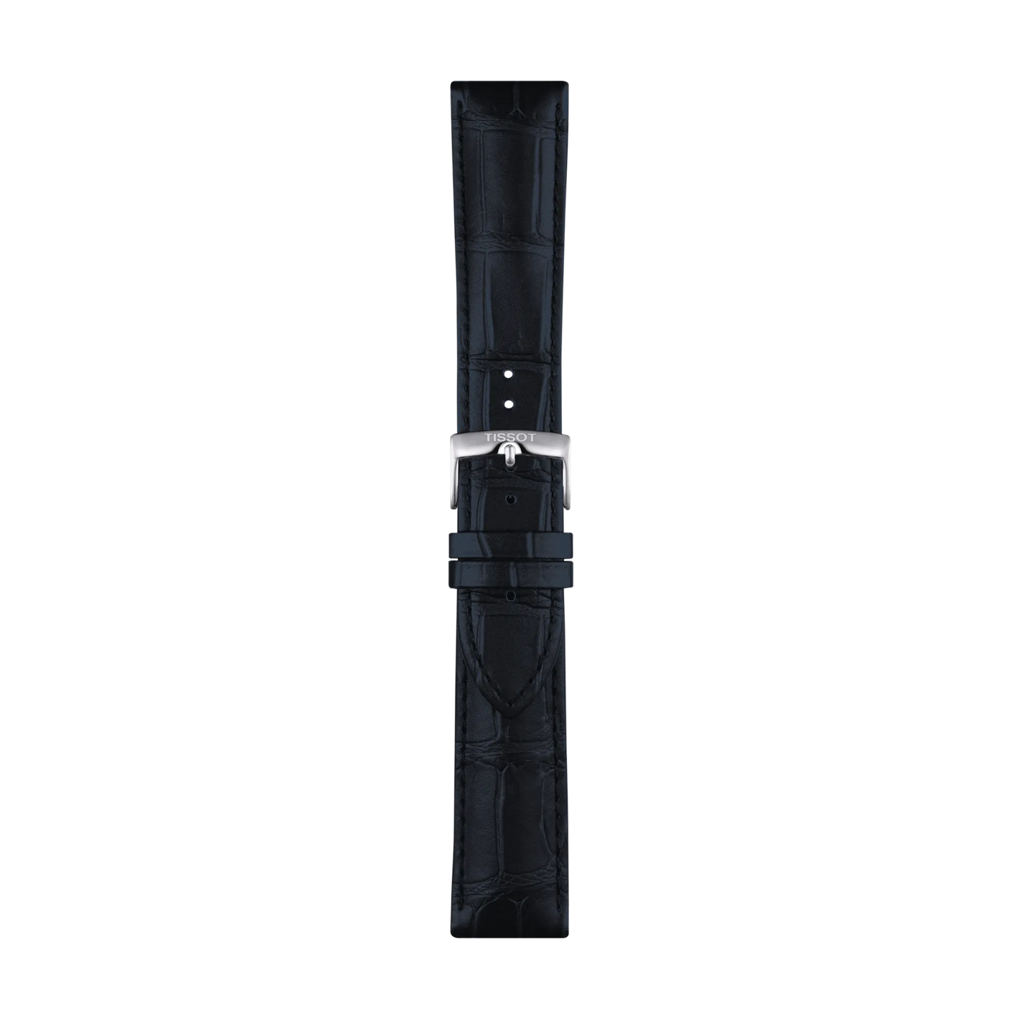 Tissot Official Blue Leather Strap with crocodile pattern, silver buckle, and two loops, displayed vertically on a plain white background.