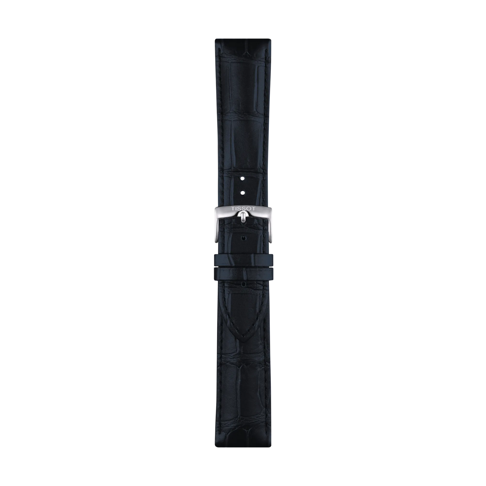 Tissot Official Blue Leather Strap with crocodile pattern, silver buckle, and two loops, displayed vertically on a plain white background.
