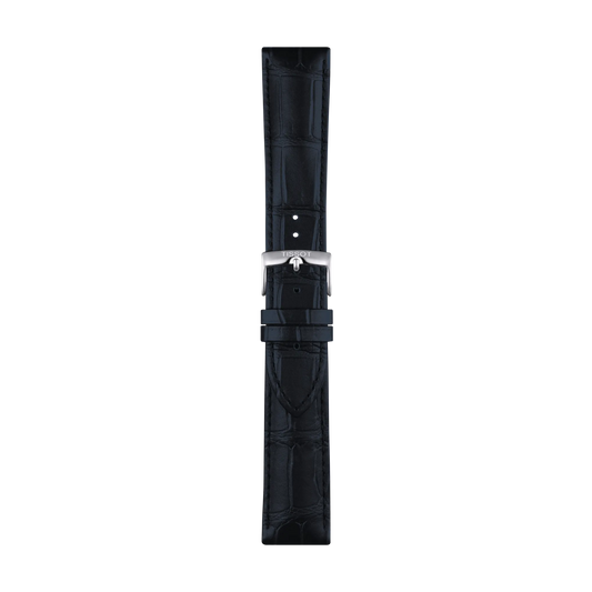 Tissot Official Blue Leather Strap with crocodile pattern, silver buckle, and two loops, displayed vertically on a plain white background.