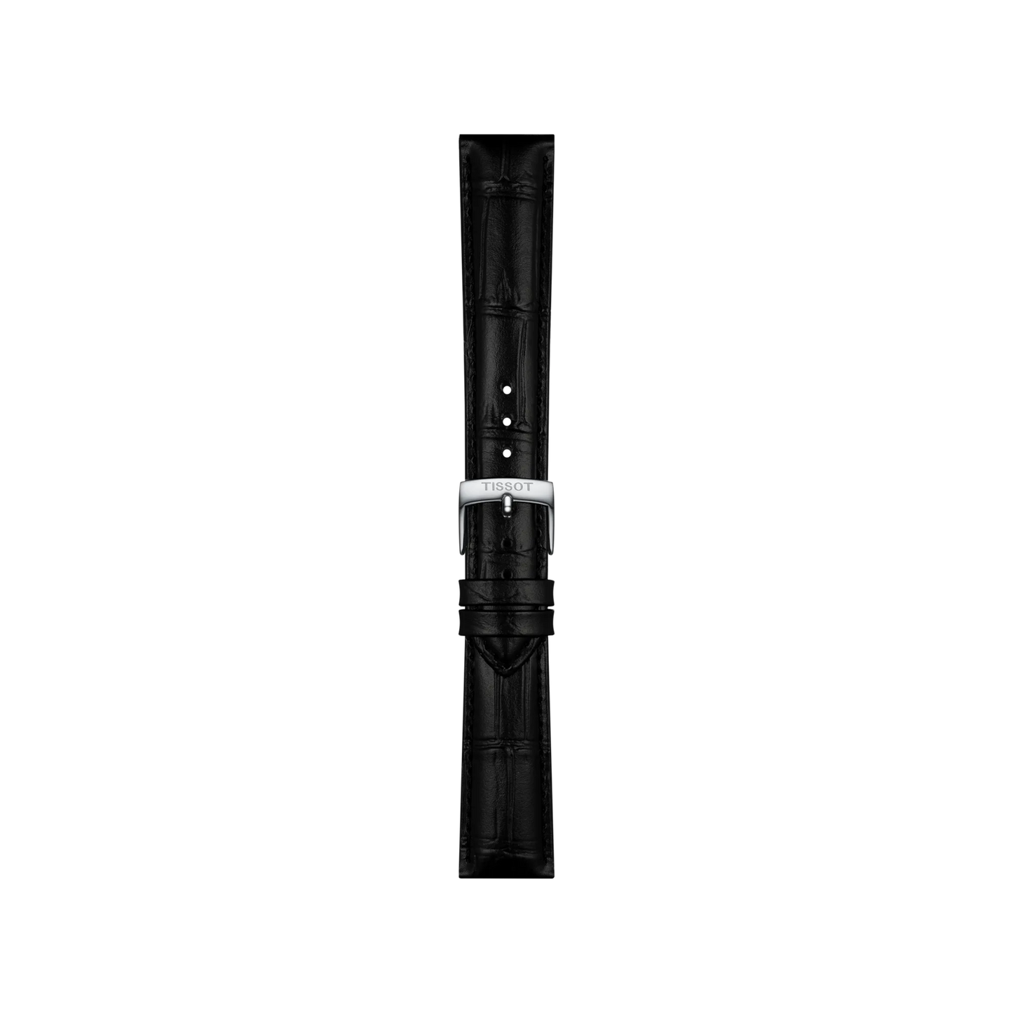 Tissot Official Black Leather Strap with an 18 mm lug width, showcasing a crocodile pattern and a silver Tissot-branded buckle, displayed vertically against a plain white background.