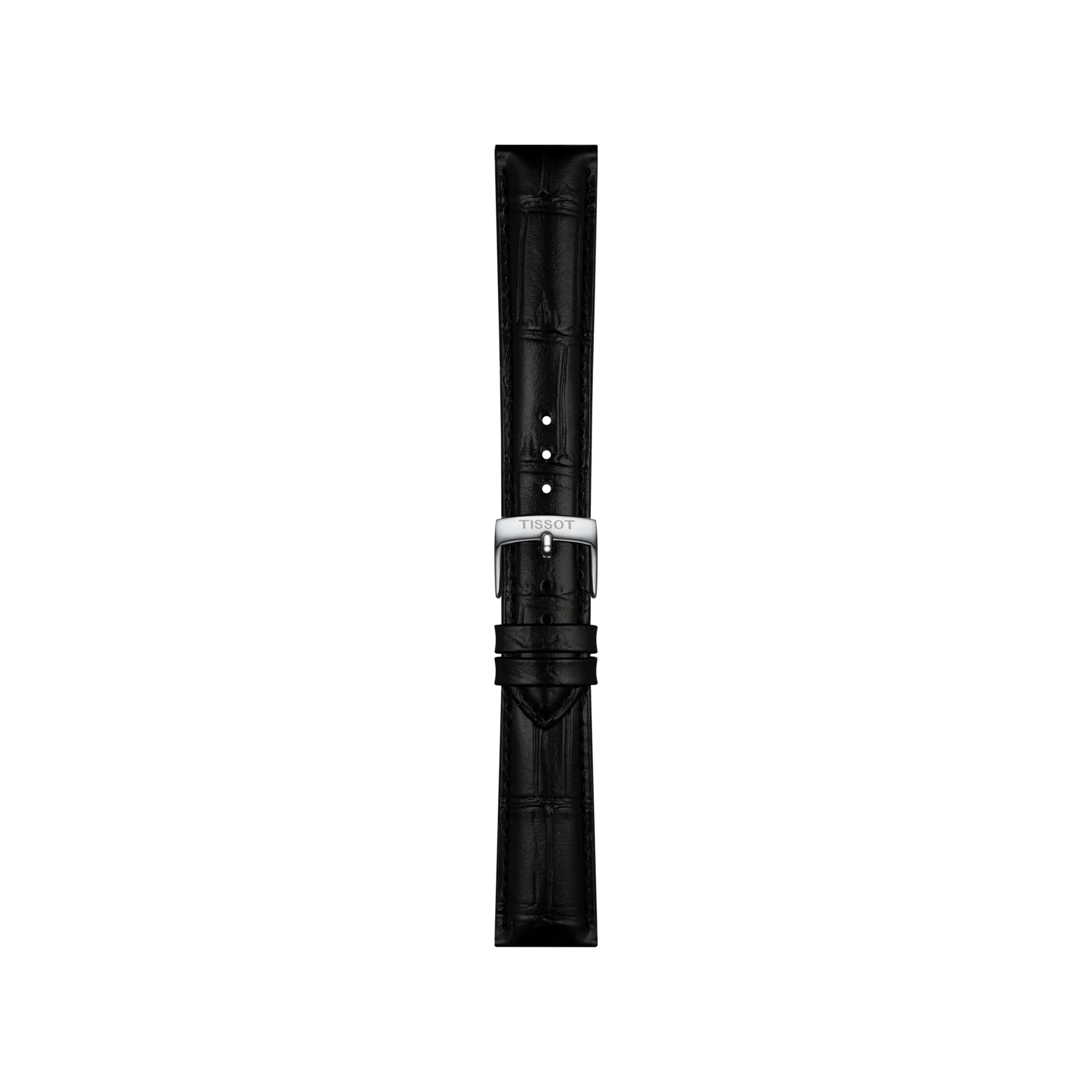 Tissot Official Black Leather Strap with an 18 mm lug width, showcasing a crocodile pattern and a silver Tissot-branded buckle, displayed vertically against a plain white background.