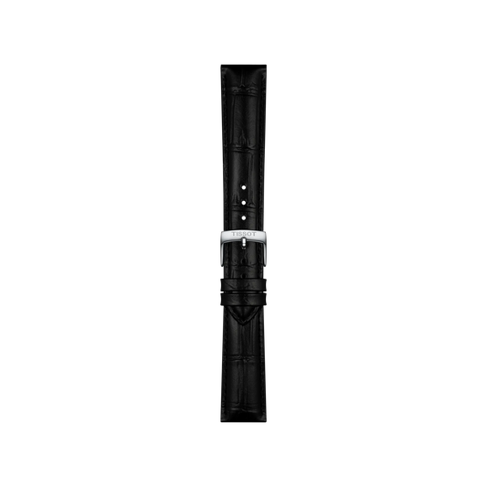 Tissot Official Black Leather Strap with an 18 mm lug width, showcasing a crocodile pattern and a silver Tissot-branded buckle, displayed vertically against a plain white background.
