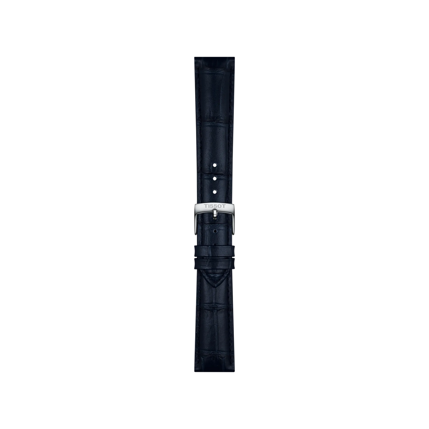 Tissot Official Blue Leather Strap with 18mm lugs, featuring a textured crocodile-style pattern and multiple adjustment holes, is displayed on a plain white background.