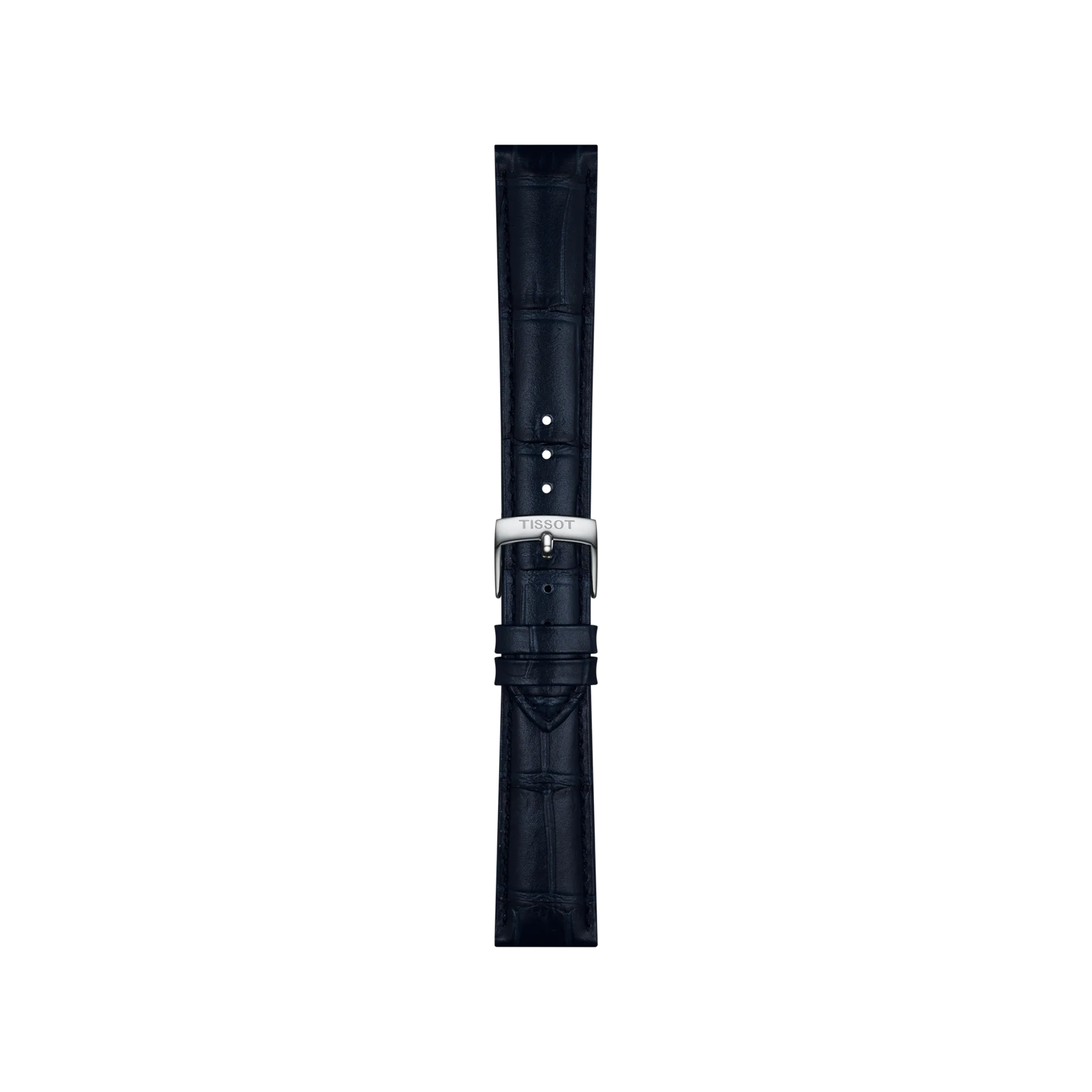 Tissot Official Blue Leather Strap with 18mm lugs, featuring a textured crocodile-style pattern and multiple adjustment holes, is displayed on a plain white background.