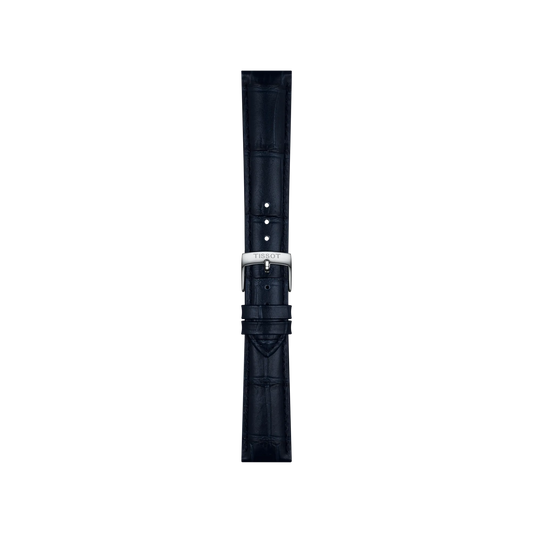 Tissot Official Blue Leather Strap with 18mm lugs, featuring a textured crocodile-style pattern and multiple adjustment holes, is displayed on a plain white background.