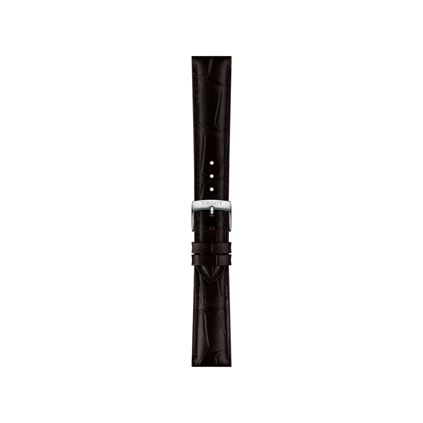 The Tissot Official Brown Leather Strap Lugs 18mm features a dark brown crocodile-patterned leather design and a silver buckle engraved with "Tissot," shown vertically against a white background.