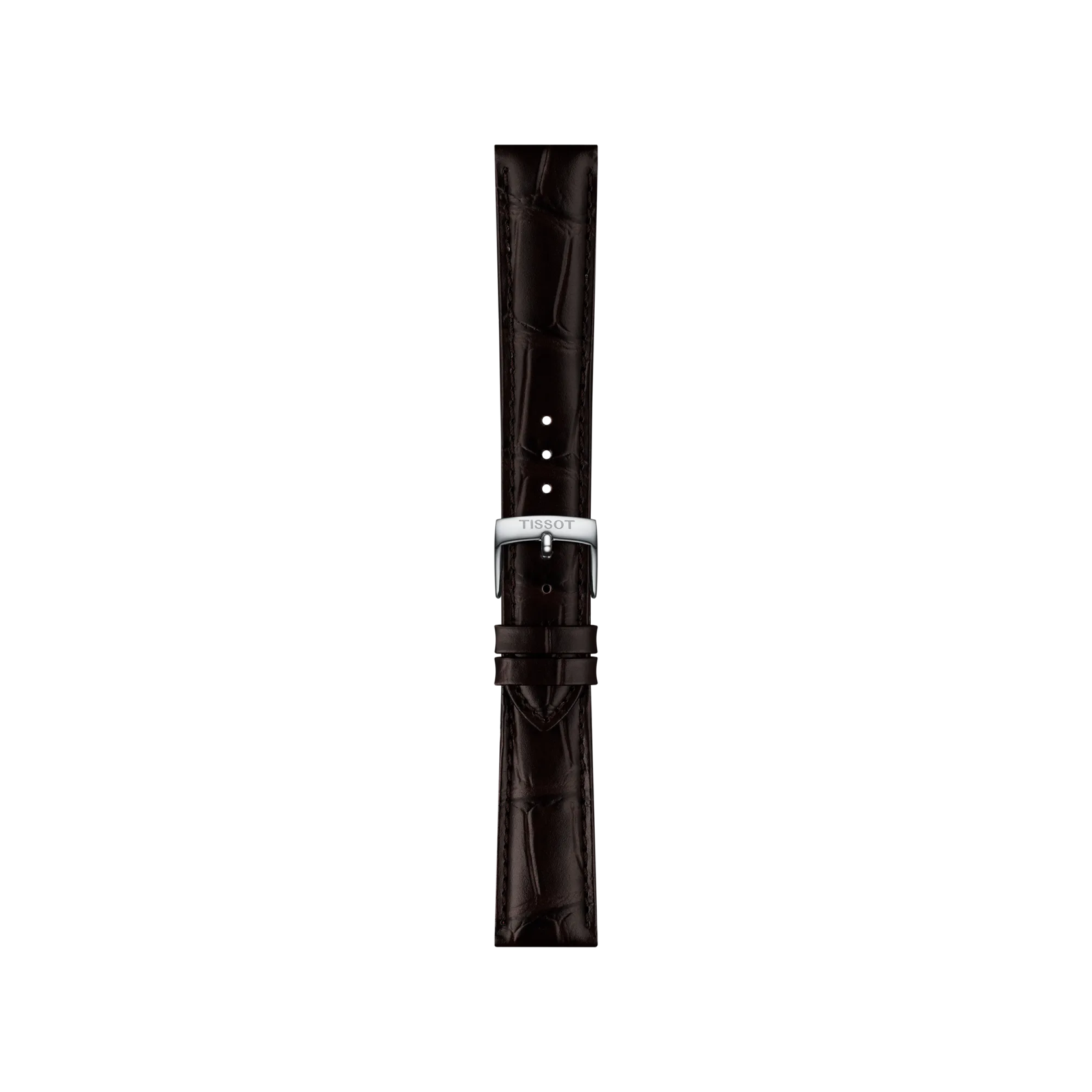 The Tissot Official Brown Leather Strap Lugs 18mm features a dark brown crocodile-patterned leather design and a silver buckle engraved with "Tissot," shown vertically against a white background.