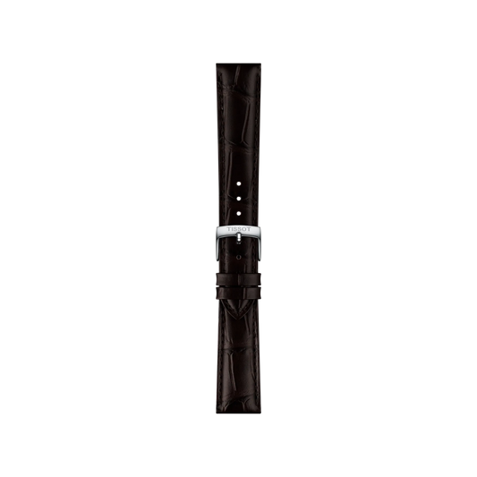 The Tissot Official Brown Leather Strap Lugs 18mm features a dark brown crocodile-patterned leather design and a silver buckle engraved with "Tissot," shown vertically against a white background.