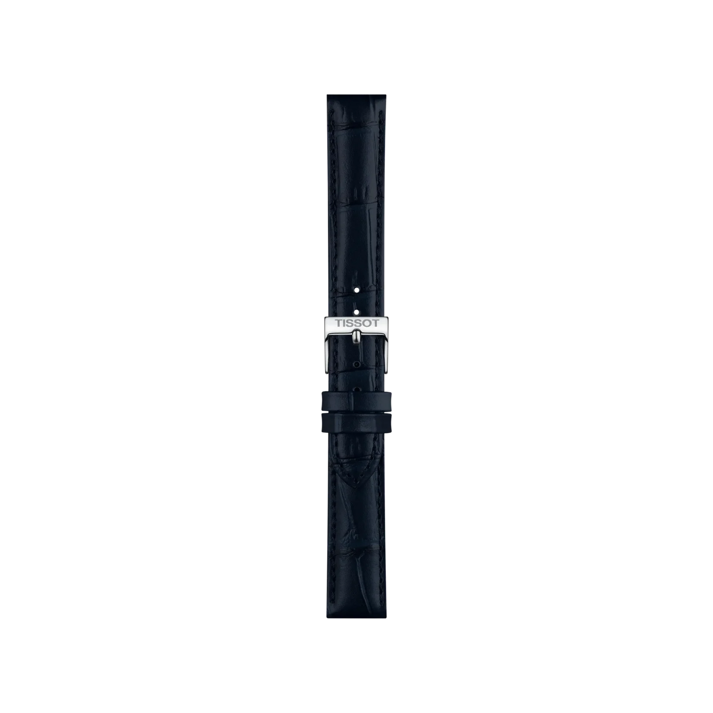 Blue leather watch strap by Tissot with 16mm lugs, featuring a subtle textured pattern, multiple adjustment holes, and a silver Tissot-branded buckle. The strap is displayed vertically on a light gray background.