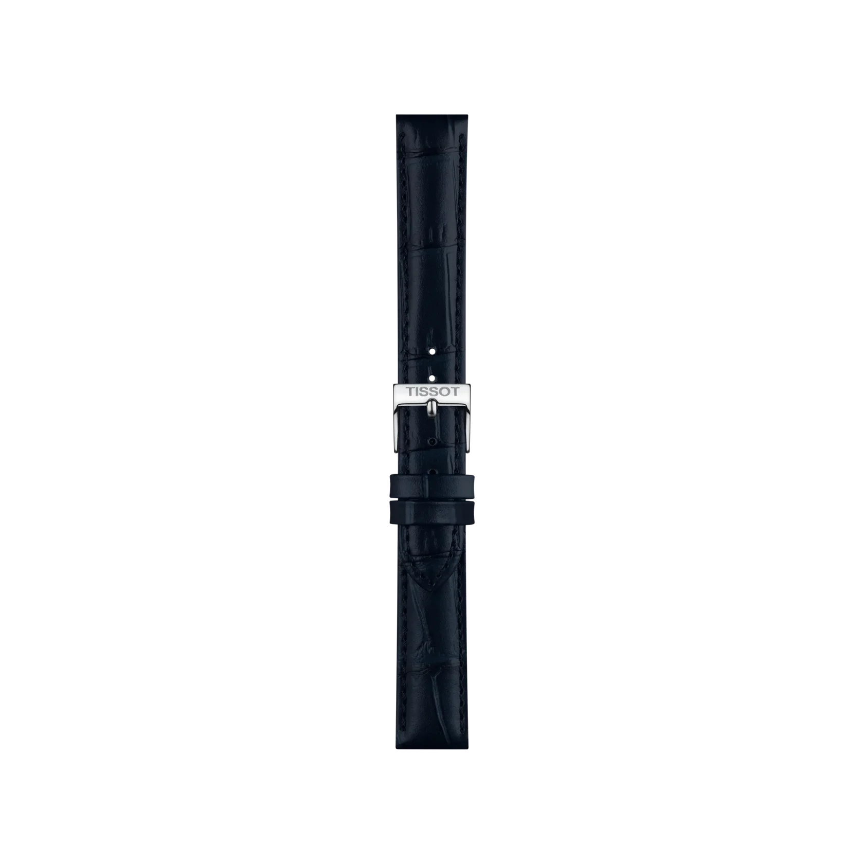 Blue leather watch strap by Tissot with 16mm lugs, featuring a subtle textured pattern, multiple adjustment holes, and a silver Tissot-branded buckle. The strap is displayed vertically on a light gray background.