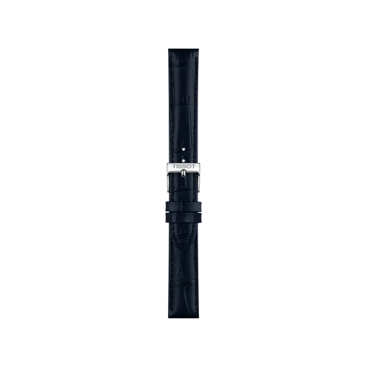 Blue leather watch strap by Tissot with 16mm lugs, featuring a subtle textured pattern, multiple adjustment holes, and a silver Tissot-branded buckle. The strap is displayed vertically on a light gray background.