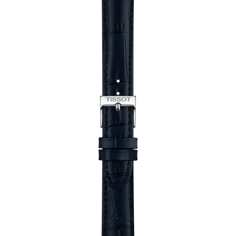 A close-up of the Tissot Official Blue Leather Strap Lugs 16mm, featuring a dark blue leather band and a silver buckle engraved with "Tissot," set against a plain light background.