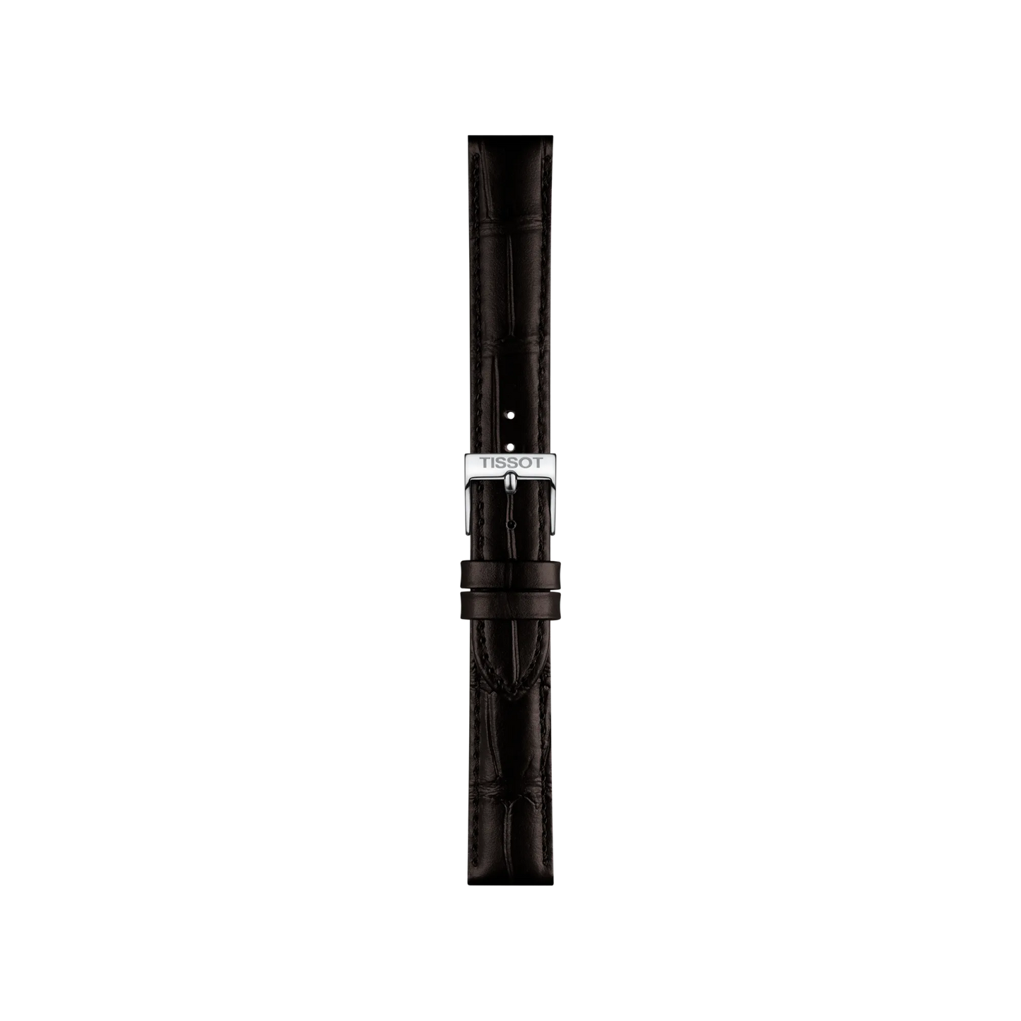 A Tissot Official brown leather watch strap with lugs measuring 16mm is displayed vertically on a plain white background.